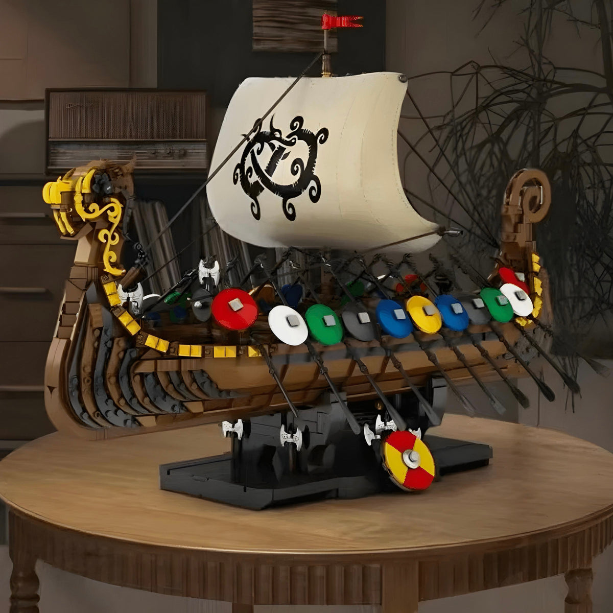 A dragon figurehead leads a row of shields