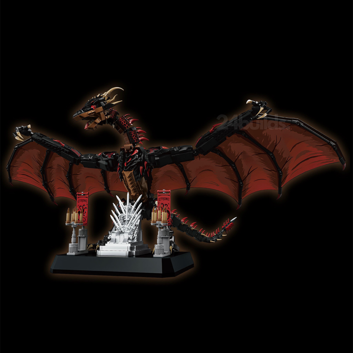 Open jaws and textured wings across 82 cm